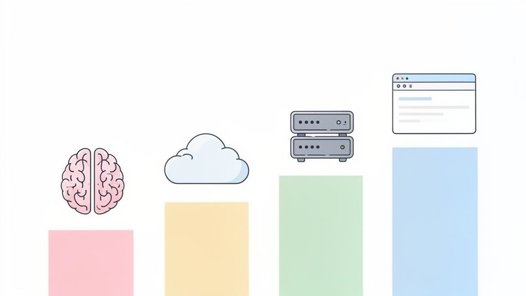 Representación visual de la progresión tecnológica con un cerebro, nube, servidores y un navegador web.