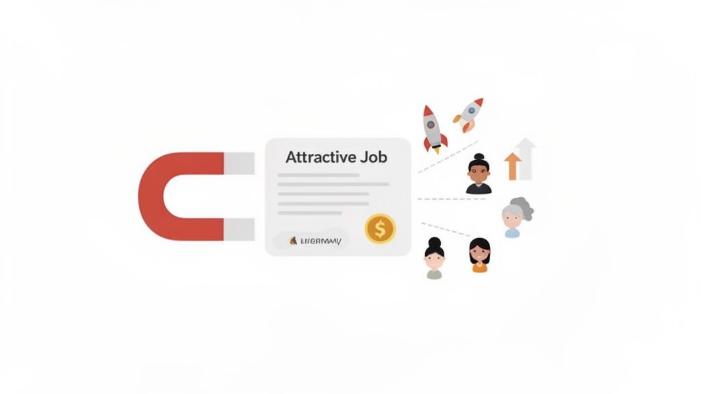 Imán que atrae una oferta de trabajo atractiva, seduciendo a diversas personas, crecimiento y oportunidades.