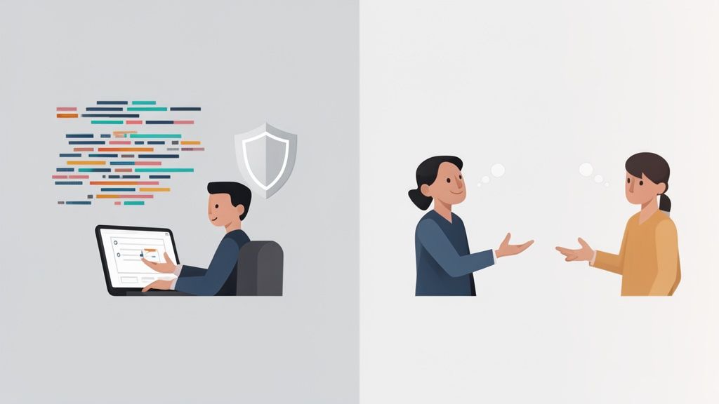 Un hombre programa con un portátil y un escudo de seguridad, mientras dos personas conversan y debaten ideas.