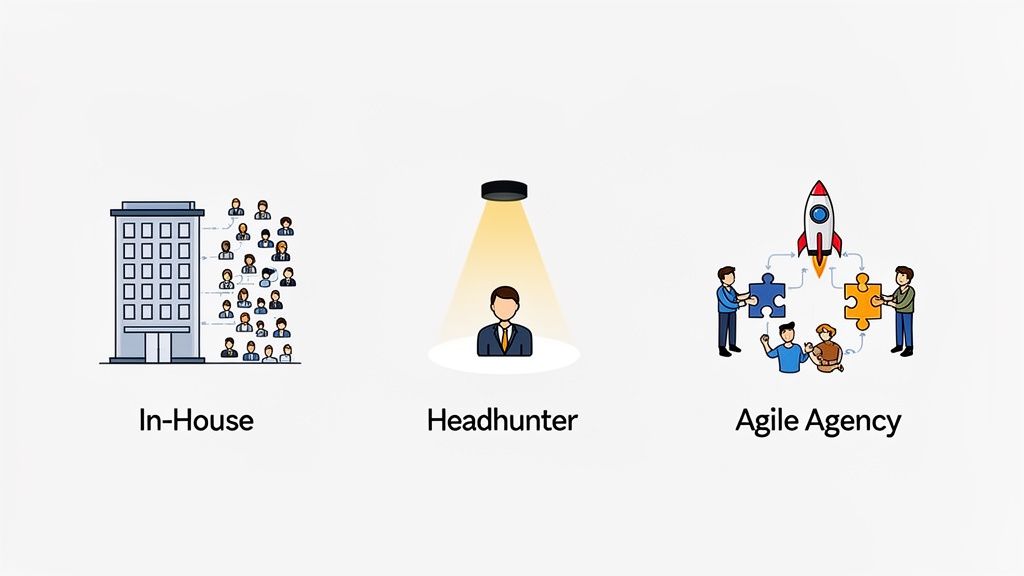 Ilustración detallando tres modelos de adquisición de talento: in-house, headhunter y agencia ágil.