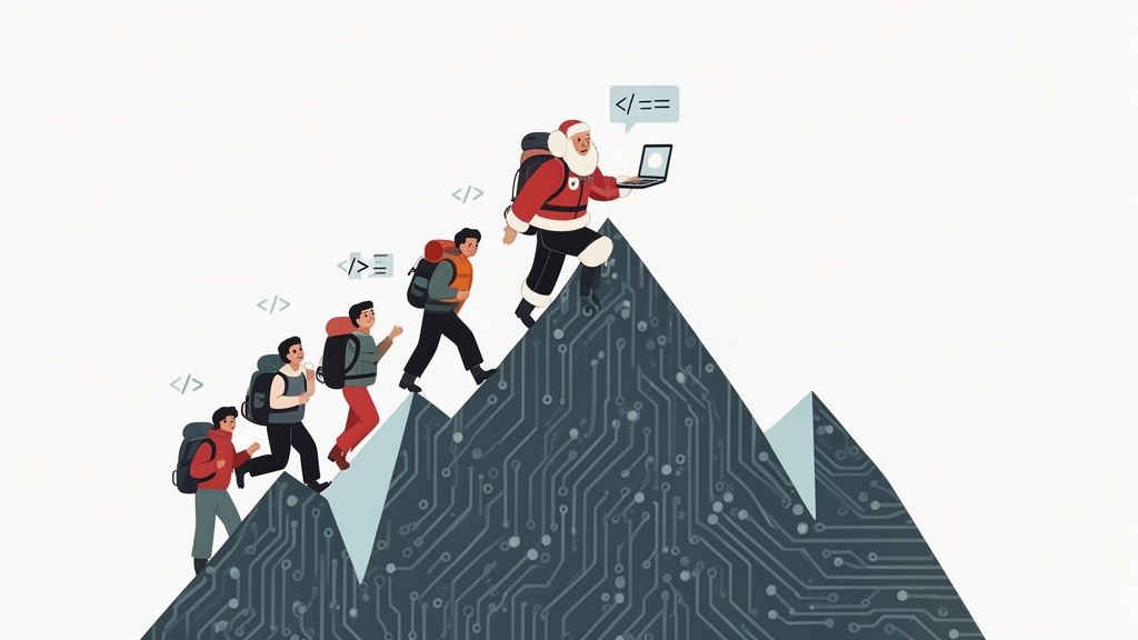 Personas, incluyendo a Santa Claus con laptop, escalan una montaña con diseño de circuito. Símbolos de código flotan.