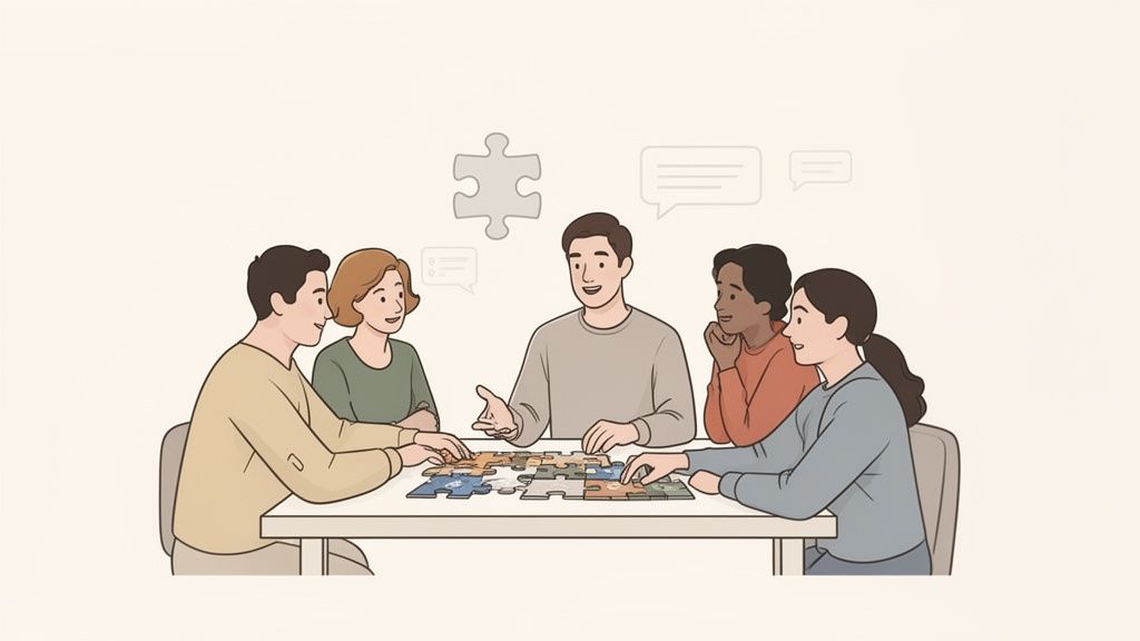 Un grupo de amigos trabaja en equipo para completar un rompecabezas, conversando alegremente.