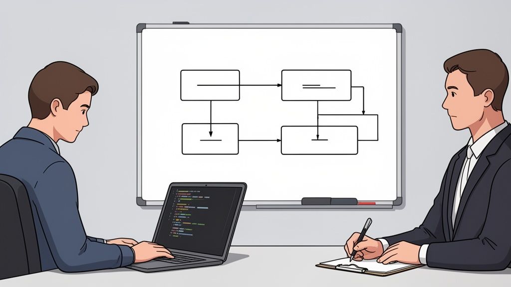 Dos hombres en reunión: uno codifica en laptop, el otro toma notas; diagrama de flujo en pizarra.