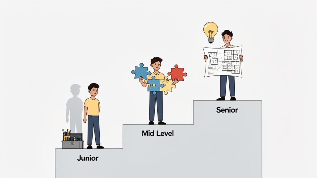 Progreso profesional: un desarrollador web junior con herramientas, un nivel medio resolviendo, y un senior con ideas y planes.