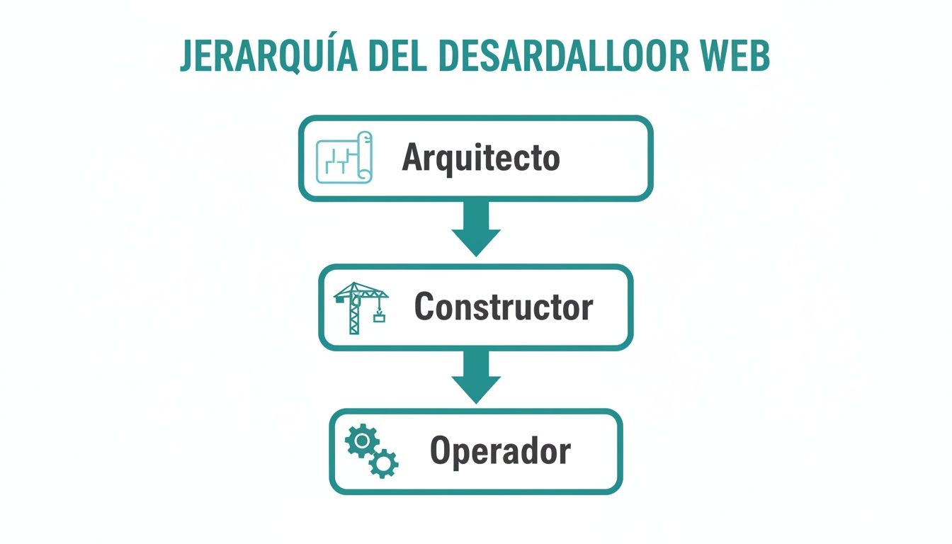 Diagrama de jerarquía del desarrollo web, mostrando los roles de arquitecto, constructor y operador en secuencia.
