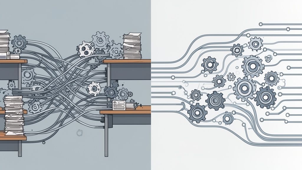 Representación visual del contraste entre procesos manuales desordenados y sistemas digitales automatizados.