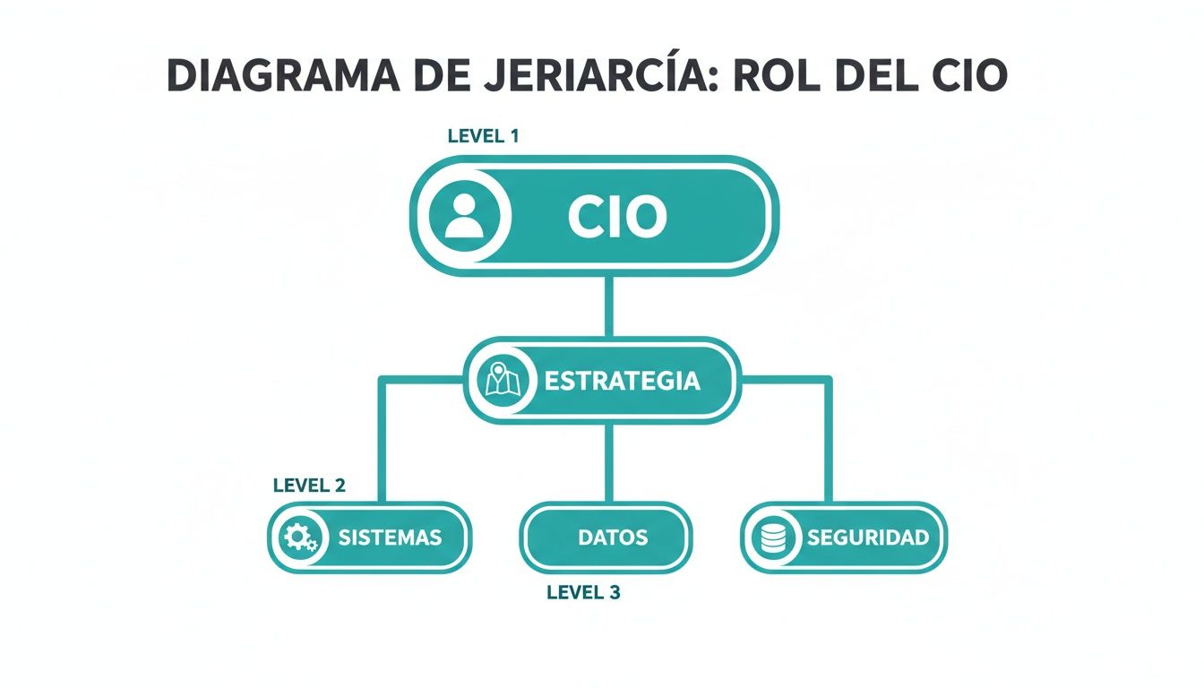 Diagrama de jerarquía del rol del CIO, mostrando estrategia, sistemas, datos y seguridad empresarial.