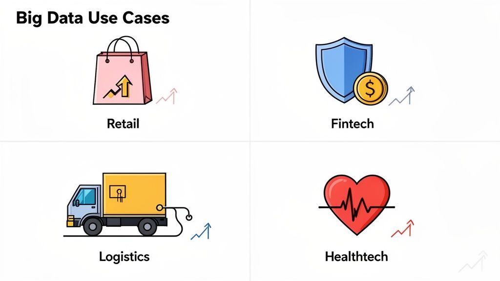Ilustración de casos de uso de Big Data en sectores como retail, fintech, logística y salud.