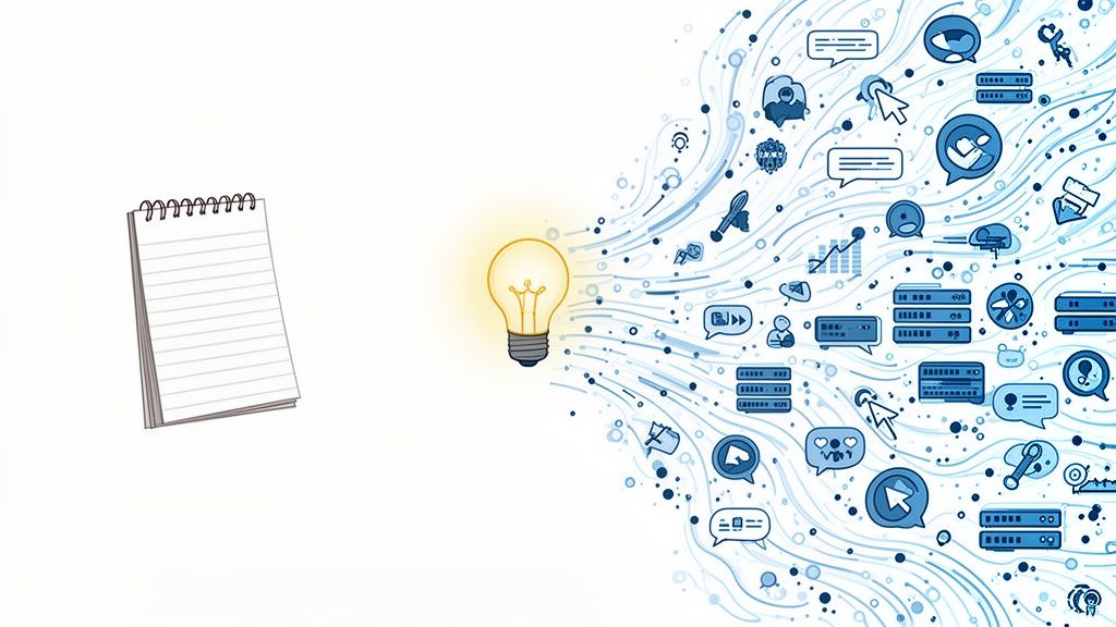 Cuaderno, bombilla brillante y flujo de iconos digitales azules que representan ideas y procesamiento de datos.