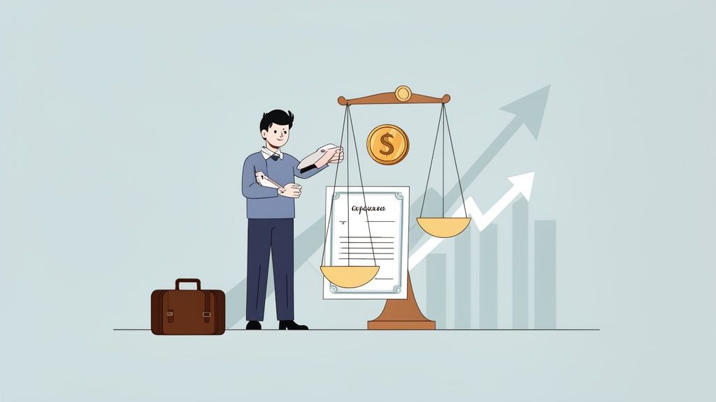 Ilustración de un hombre sopesando un contrato y una moneda de dólar en una balanza de justicia, con gráficos de crecimiento.