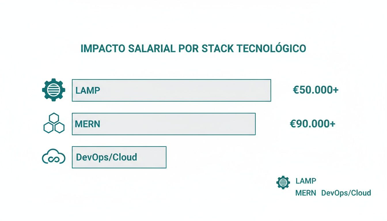 Gráfico de barras que muestra el impacto salarial de stacks tecnológicos como LAMP, MERN y DevOps/Cloud.