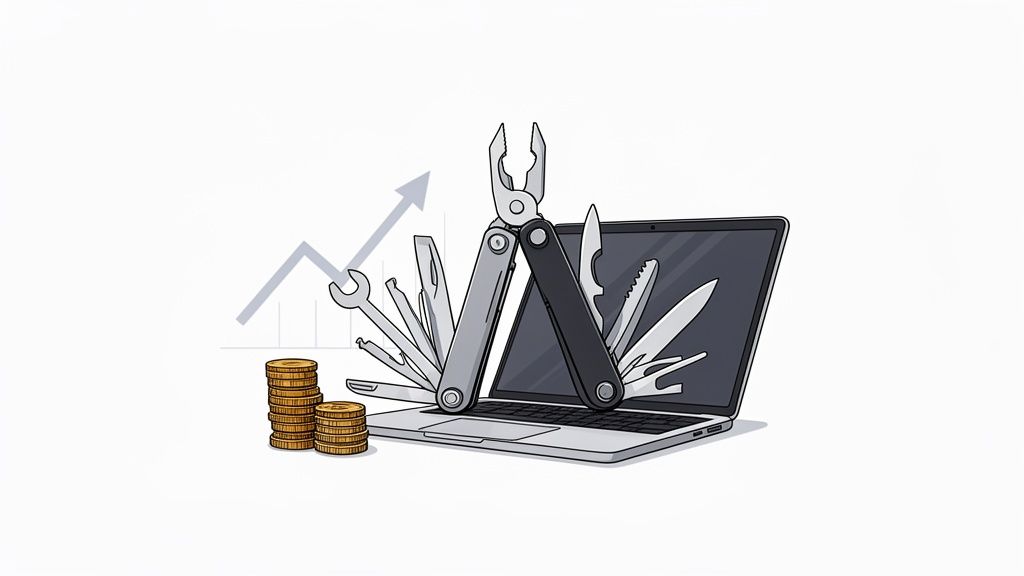 Una laptop con una herramienta multiusos desplegada, monedas y un gráfico ascendente, simbolizando habilidades y crecimiento.