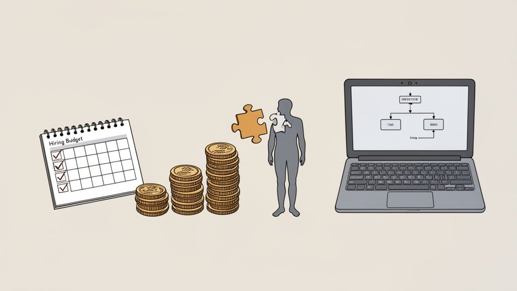 Calendario de presupuesto, dinero, una persona con pieza de rompecabezas faltante y diagrama de sistema en portátil.
