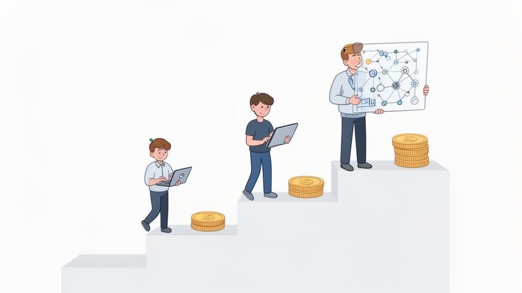 Ilustración de tres hombres en diferentes etapas de su carrera tecnológica, ascendiendo escalones con laptops y acumulando monedas.