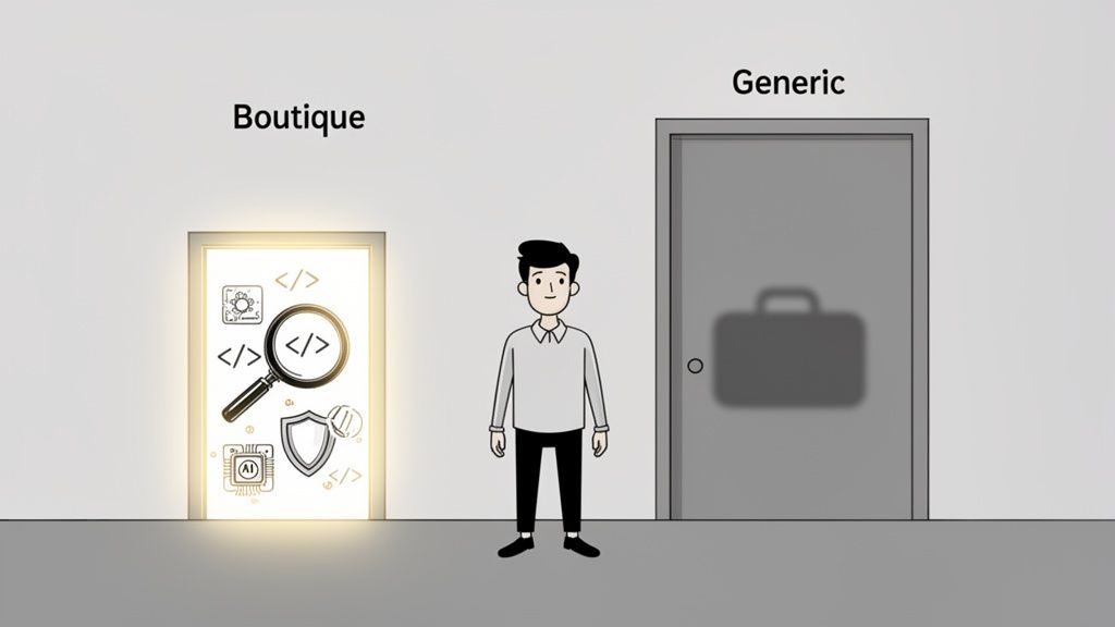 Hombre ante dos puertas: una 'Boutique' con iconos tecnológicos y una 'Genérica' con una maleta. Representa la elección profesional.