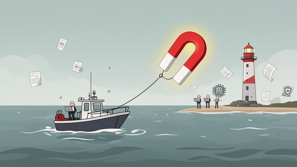 Un barco usa un imán gigante para atraer documentos y profesionales de TI hacia una isla con un faro, simbolizando atracción de talento.