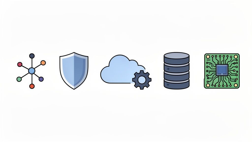 Iconos de red, seguridad, computación en la nube, base de datos y microprocesador que representan tecnología.