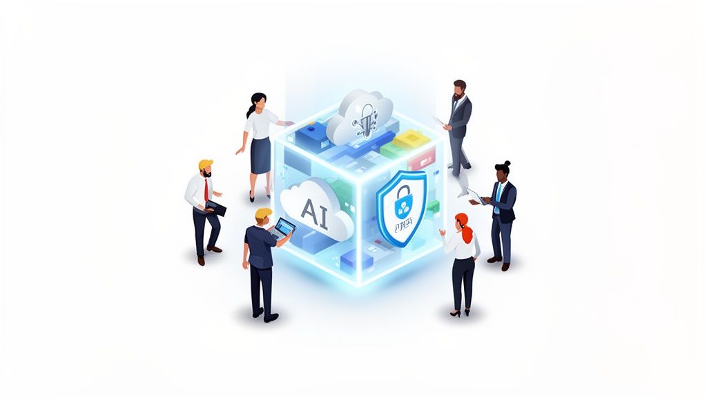 Grupo diverso de personas interactuando con un cubo tecnológico que simboliza inteligencia artificial, nube y ciberseguridad.