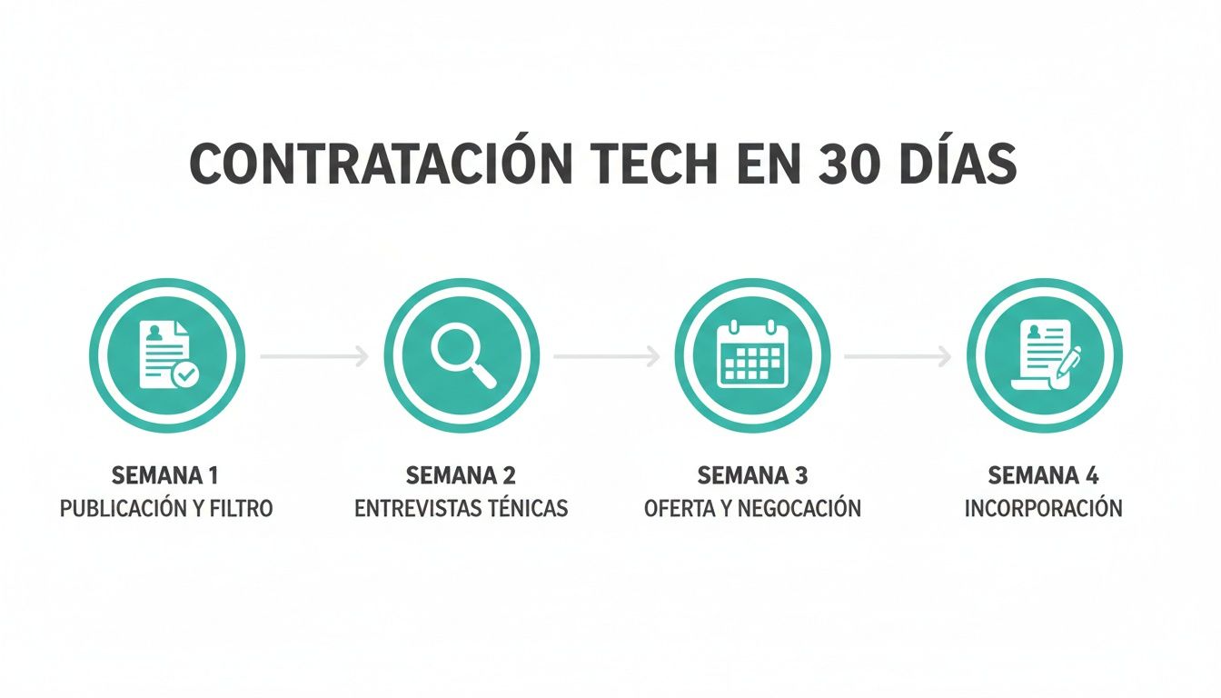 Infografía del proceso de contratación tech en 30 días, detallando las etapas semanales desde la publicación hasta la incorporación.