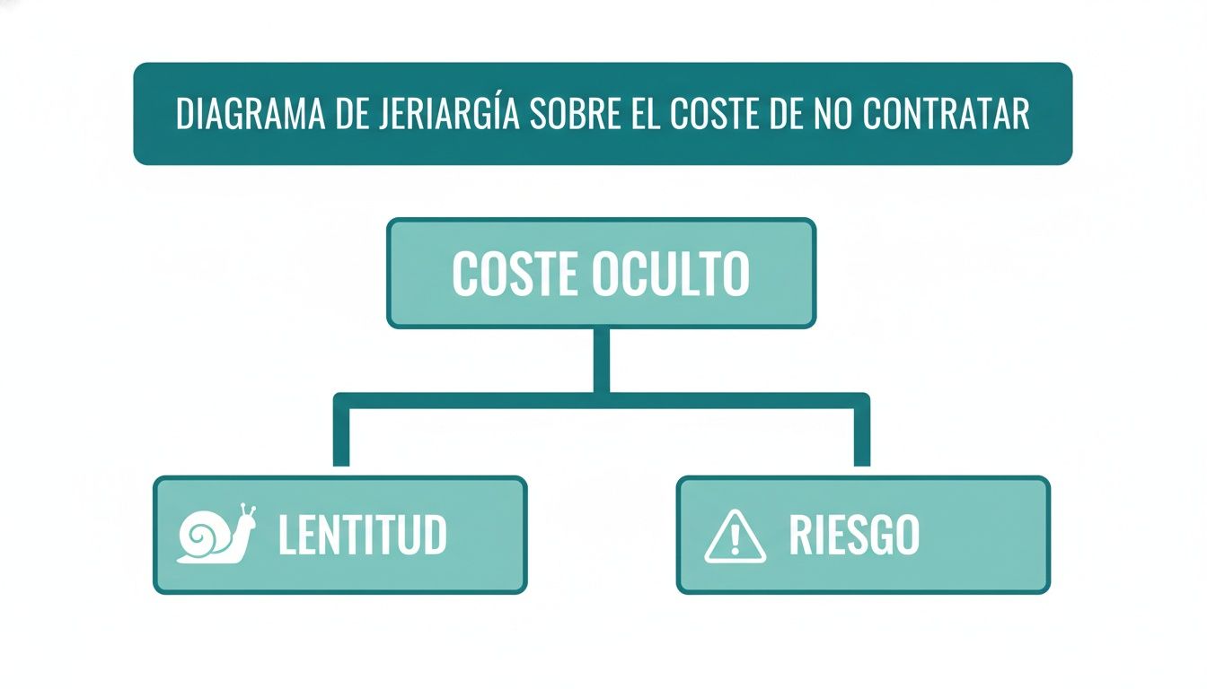Diagrama de jerarquía que ilustra el coste de no contratar, mostrando coste oculto, lentitud y riesgo.