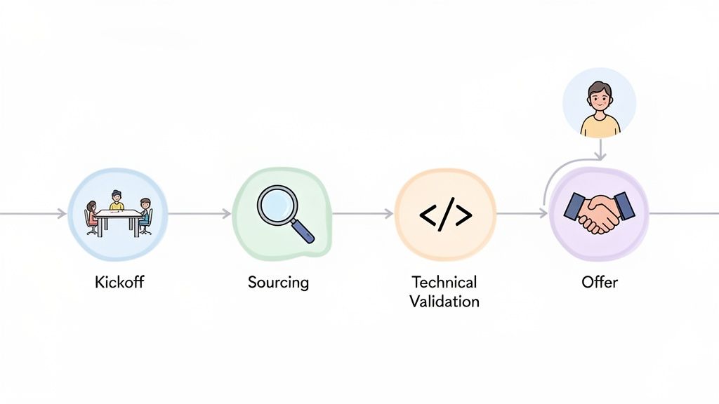 Un diagrama de flujo ilustra el proceso de reclutamiento de cuatro etapas: Inicio, Búsqueda, Validación Técnica y Oferta.