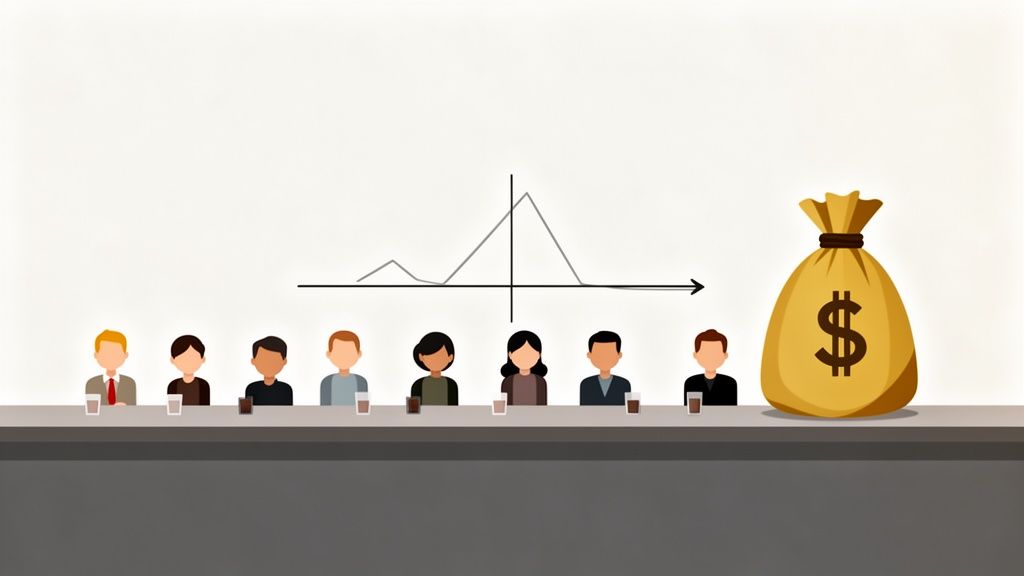 Un grupo diverso de personas frente a un gráfico de distribución salarial y un saco de dinero.
