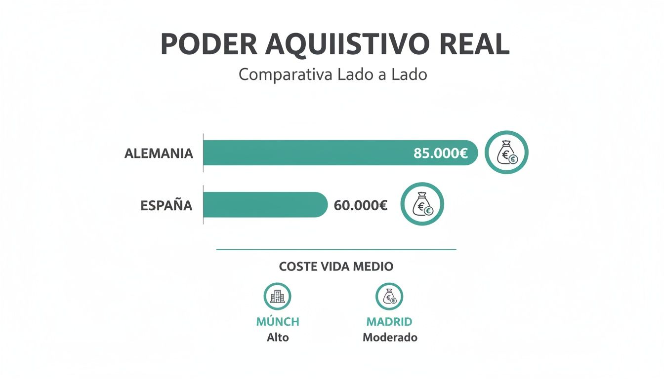 Comparativa del poder adquisitivo real entre Alemania (85.000€) y España (60.000€), con coste de vida en Múnich y Madrid.