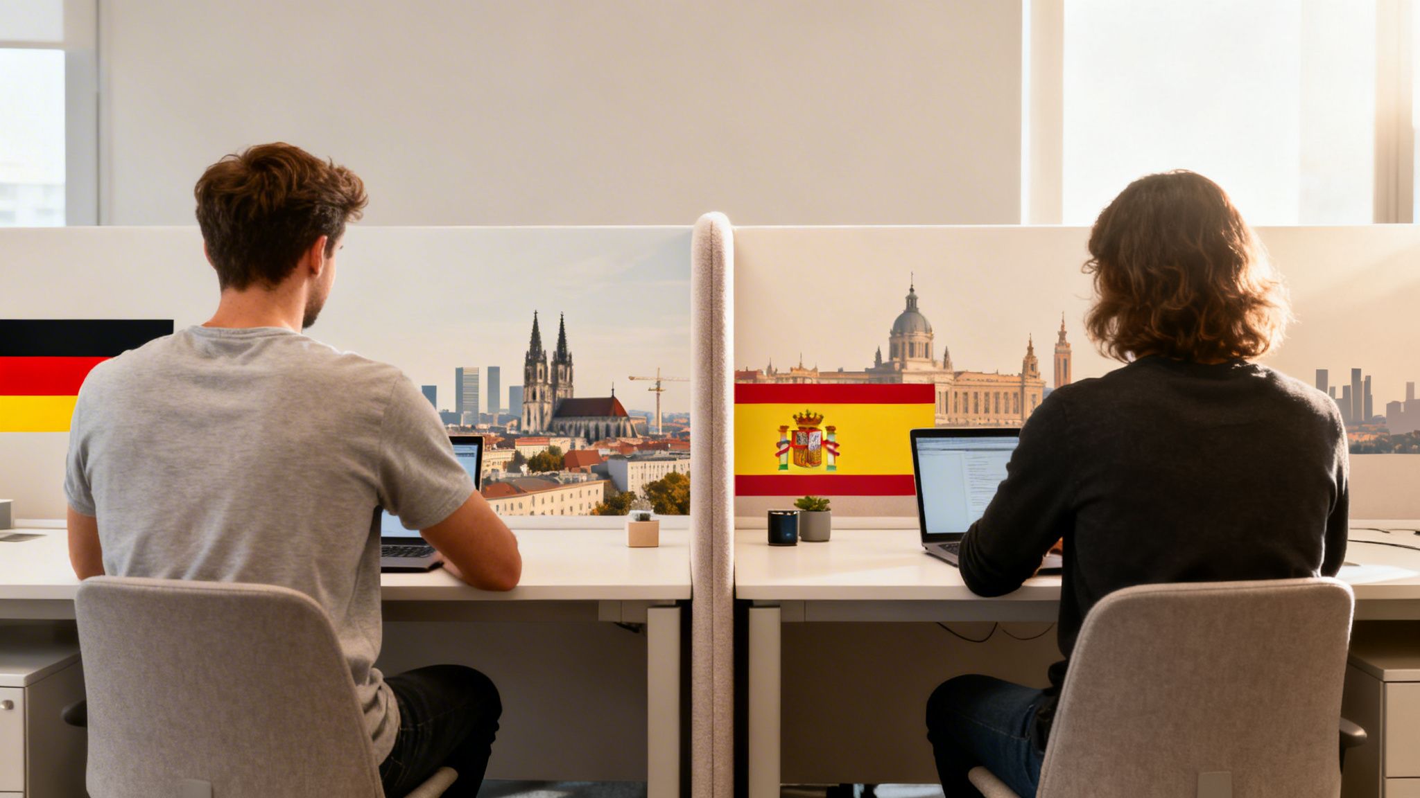 Dos personas sentadas de espaldas en escritorios con banderas de Alemania y España, y paisajes urbanos de fondo.