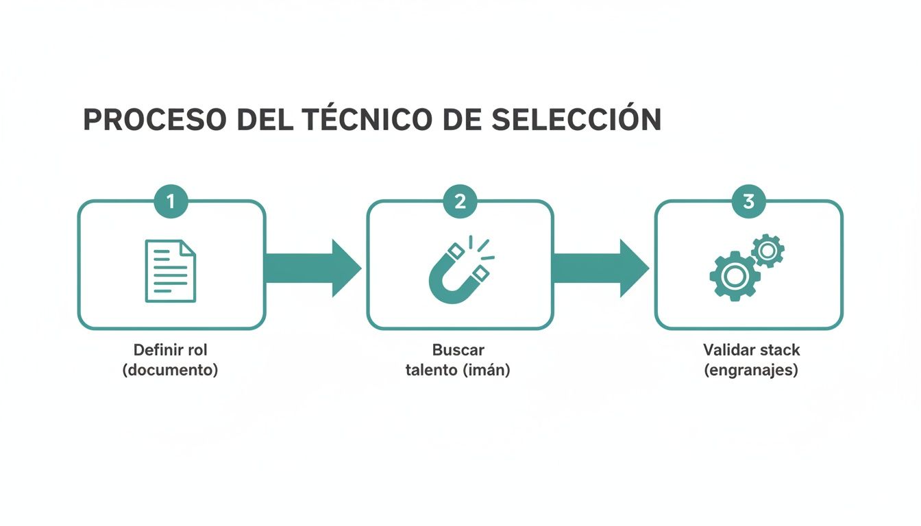 Un diagrama de flujo que ilustra el proceso de selección de personal, incluyendo definir rol, buscar talento y validar el stack técnico.
