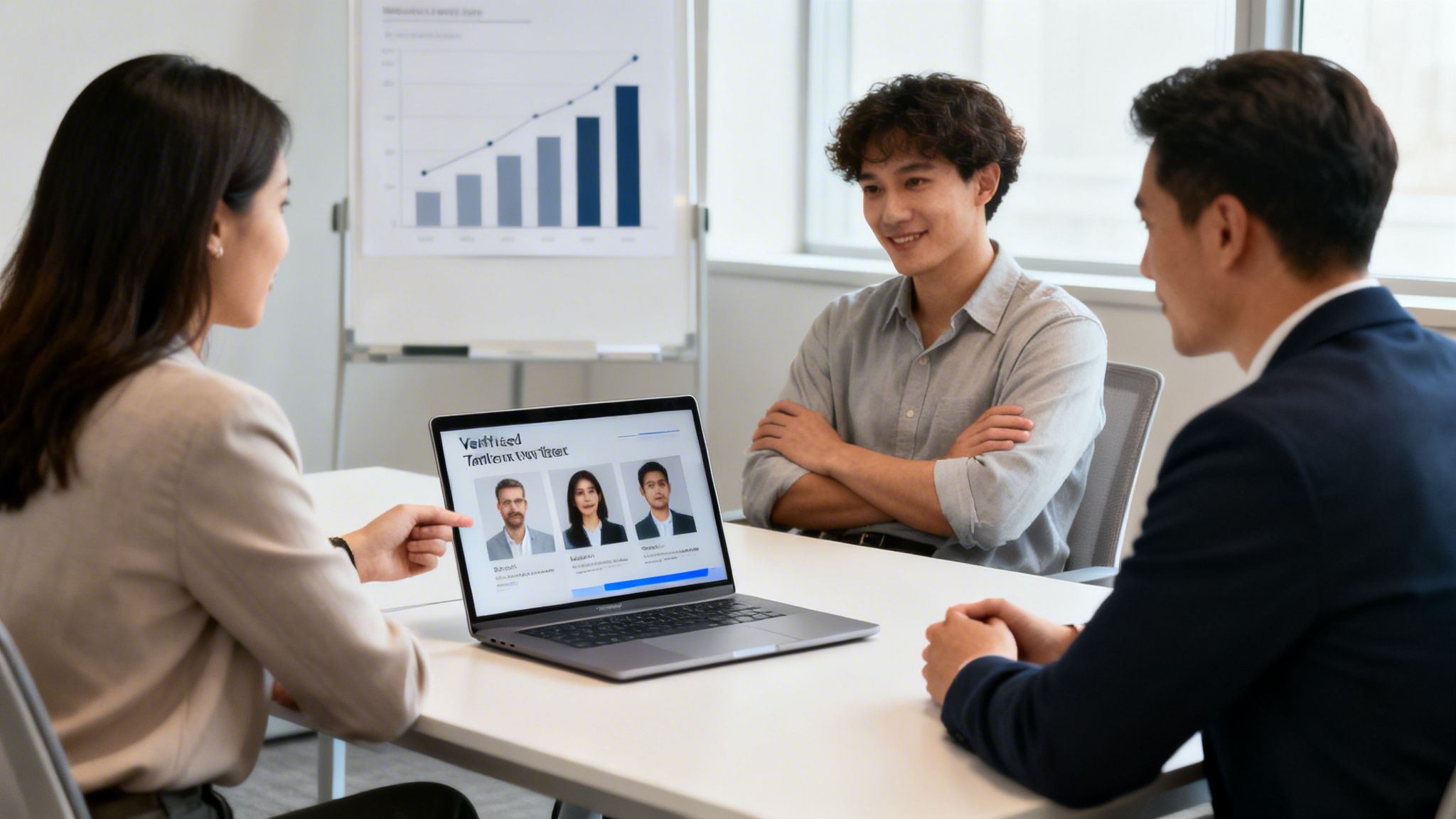 Una mujer muestra perfiles de candidatos en una laptop a dos hombres durante una reunión de selección de personal.