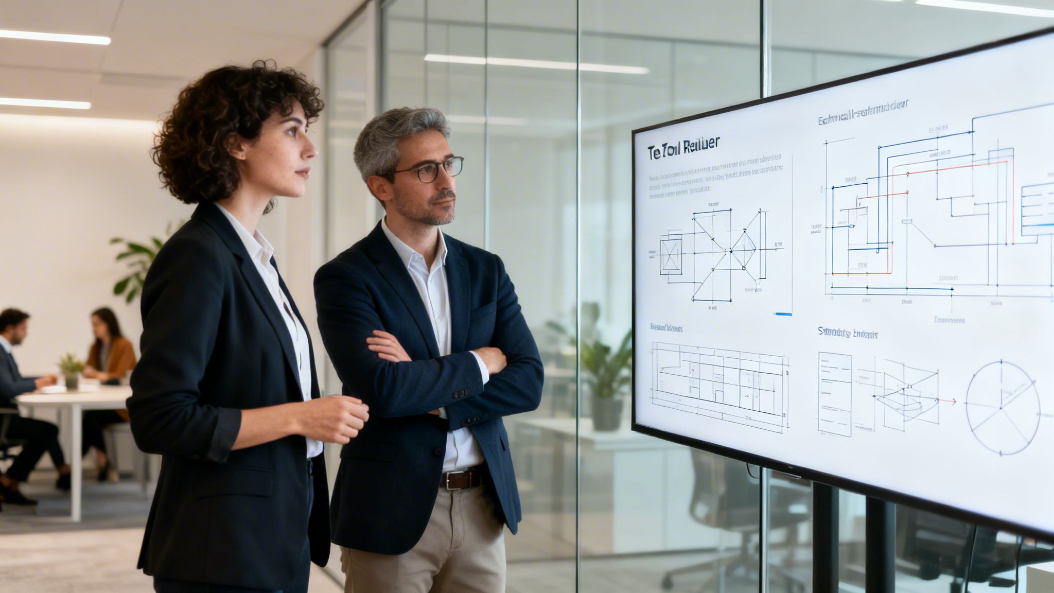 Dos profesionales de negocios observando diagramas técnicos en una pantalla grande en una oficina moderna.