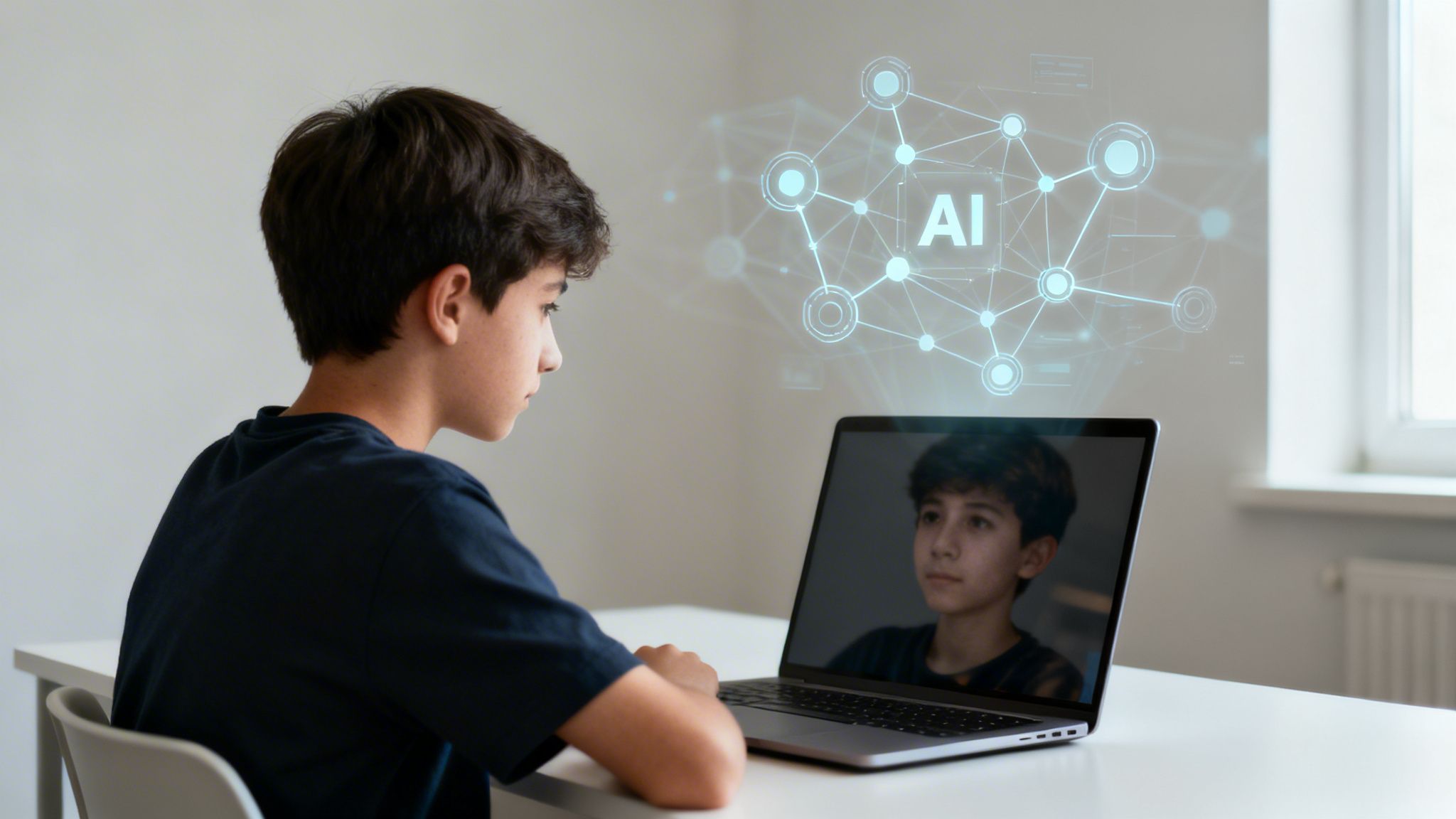 Un niño observa una laptop con una proyección holográfica de IA, explorando tecnología y aprendizaje.