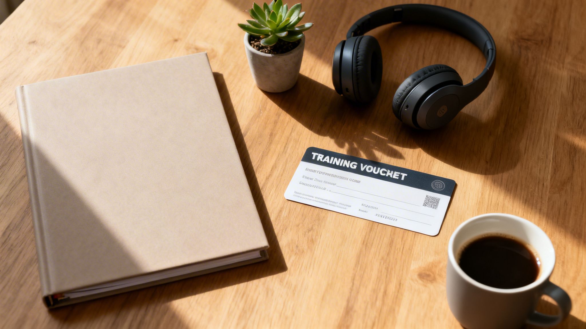Un escritorio de madera con cuaderno, auriculares, una suculenta, un cupón de formación y una taza de café, listo para estudiar.