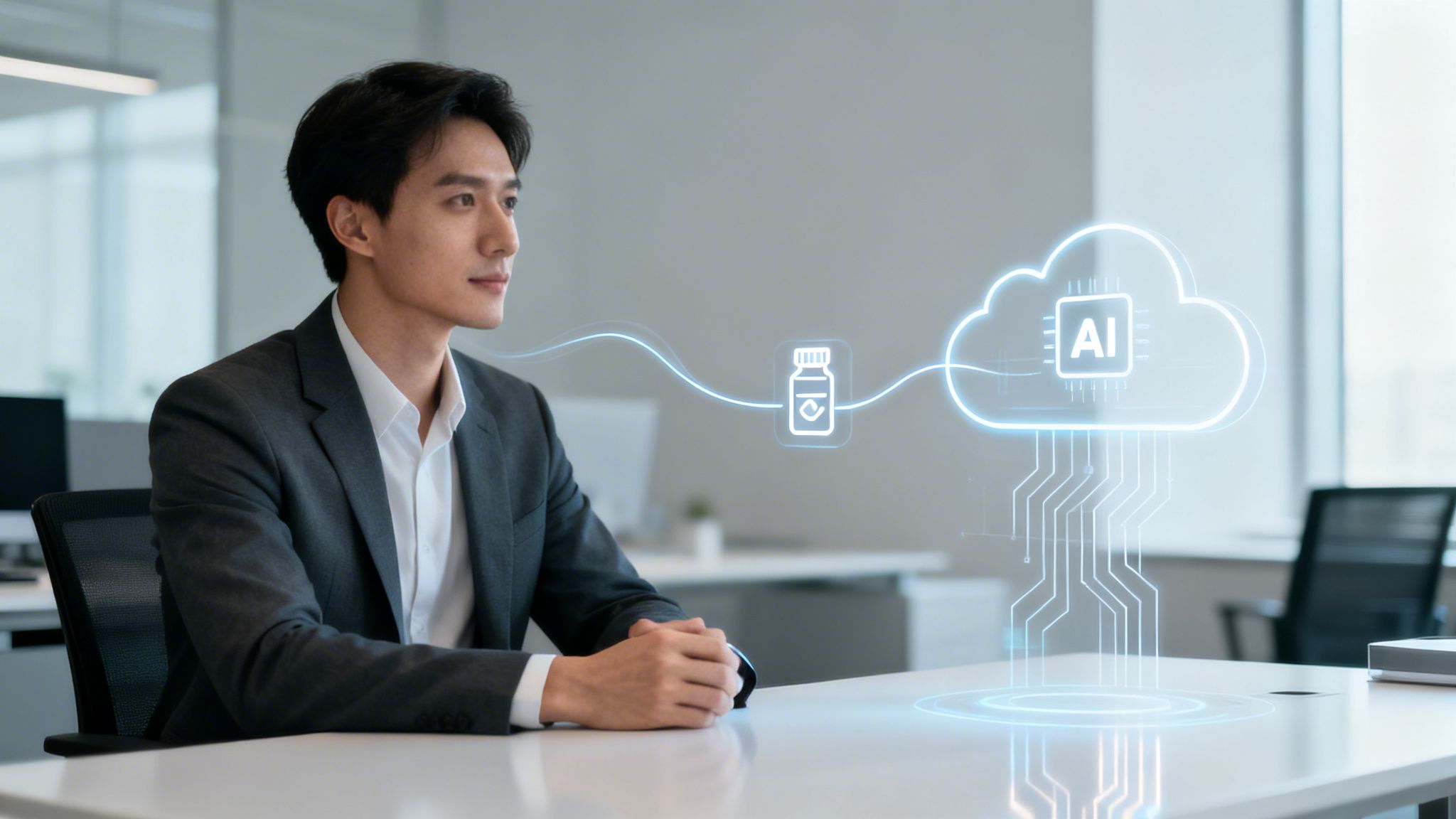 Joven profesional en escritorio con proyección holográfica de IA y salud digital.