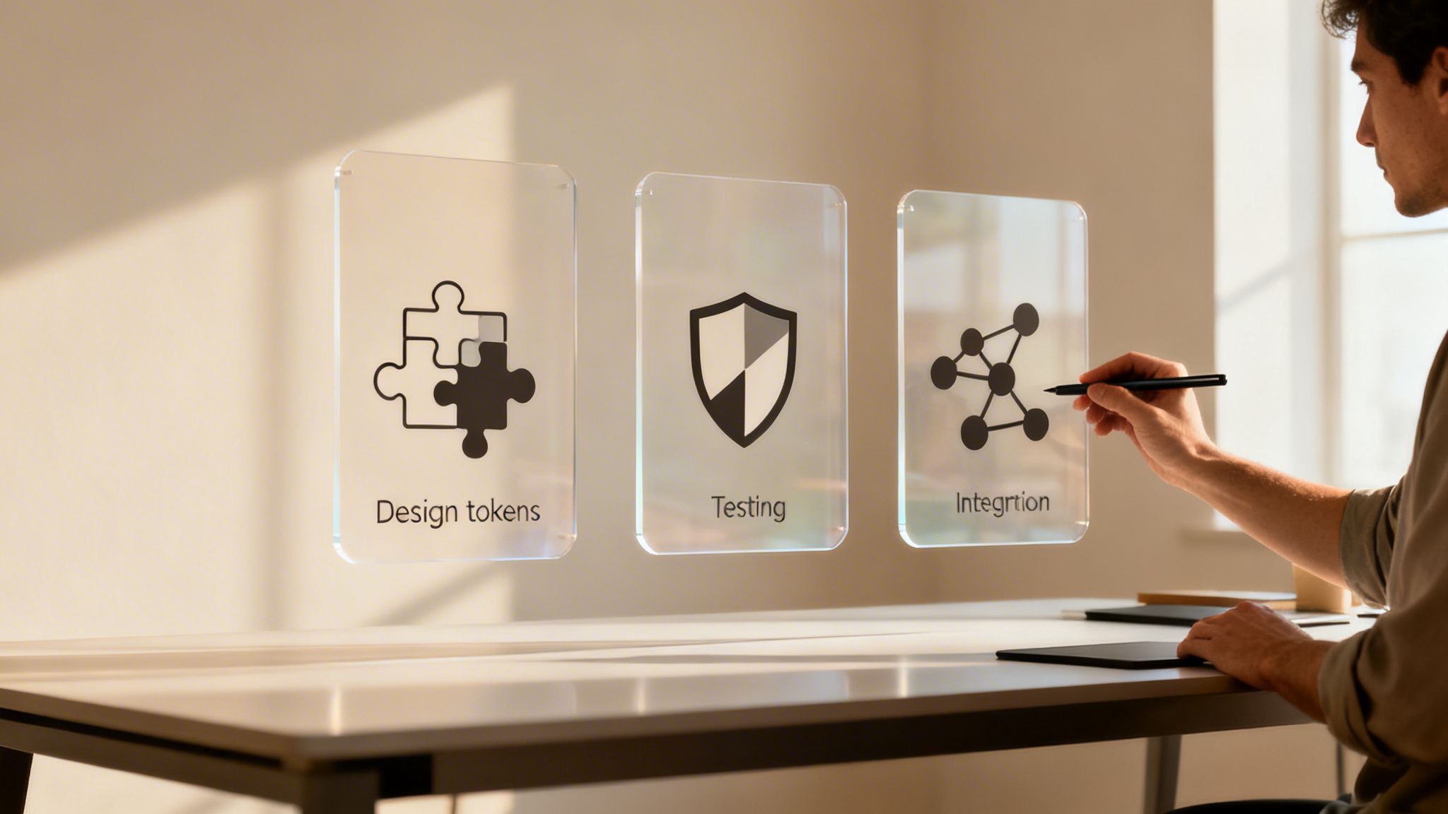 Hombre interactuando con pantallas transparentes que muestran iconos de tokens de diseño, pruebas e integración.