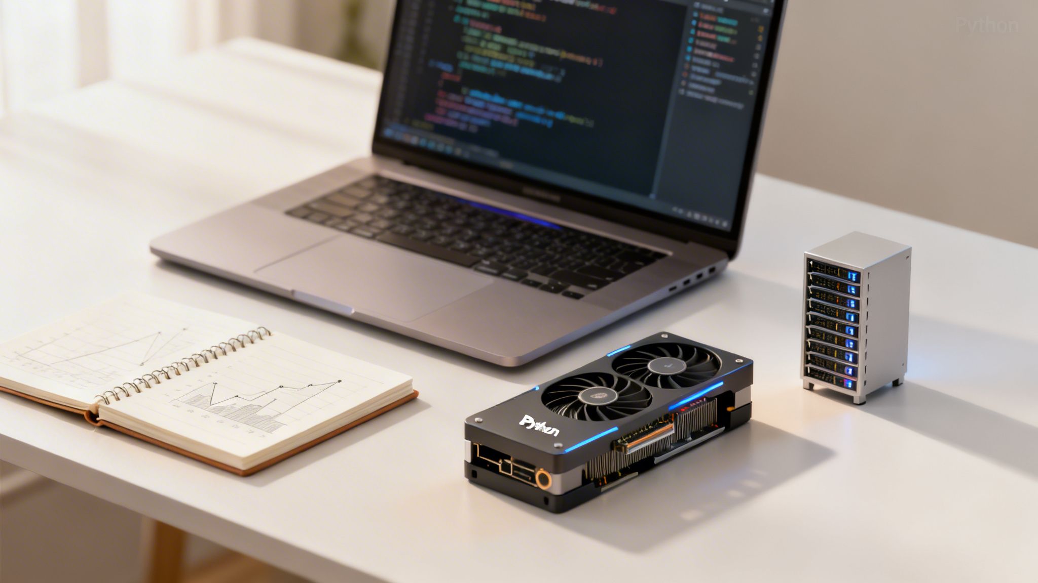 Escritorio con laptop, código Python, tarjeta gráfica, mini servidor y cuaderno de datos.