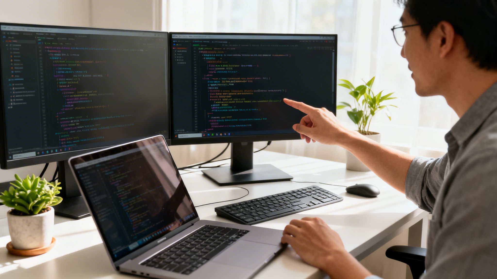 Un programador asiático señalando código en una pantalla de computadora, trabajando en un entorno de desarrollo.
