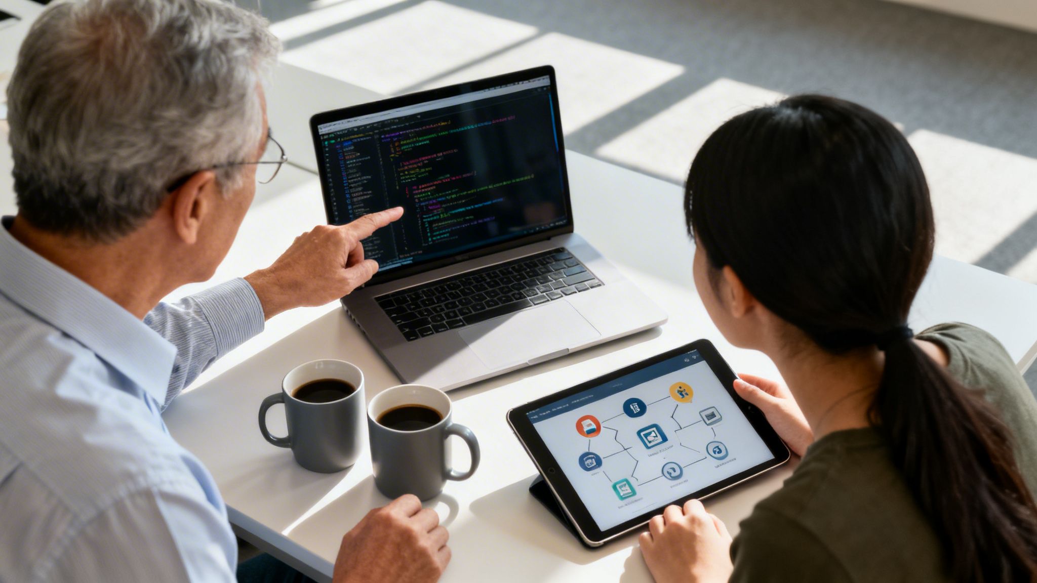 Dos personas, un hombre y una mujer, colaboran en tecnología. El hombre señala código en una laptop, mientras la mujer mira una tablet con diagramas.