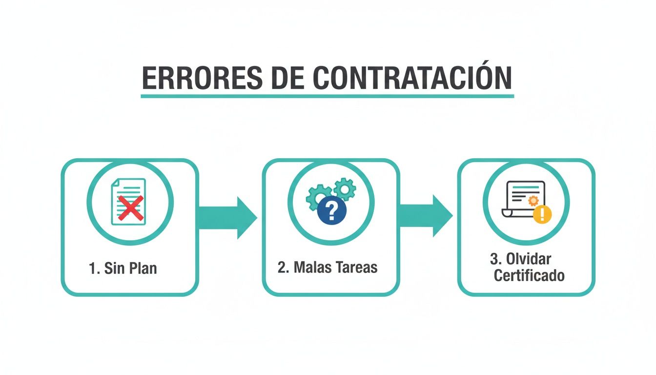 Diagrama de flujo que ilustra tres errores comunes en la contratación: sin plan, malas tareas y olvidar el certificado.
