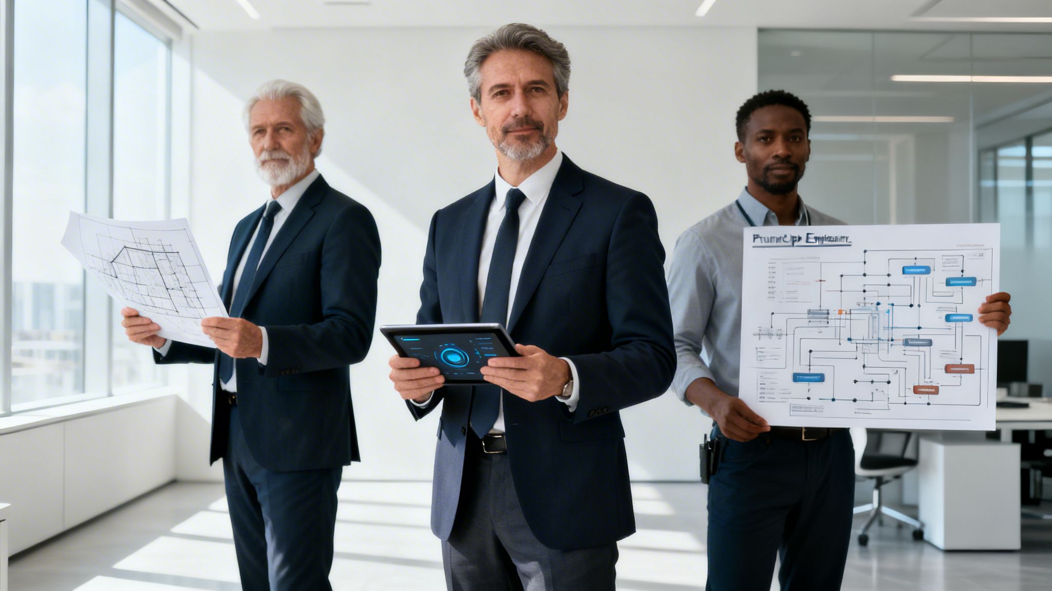 Tres profesionales de negocios sosteniendo planos técnicos y una tableta digital en una oficina moderna y luminosa