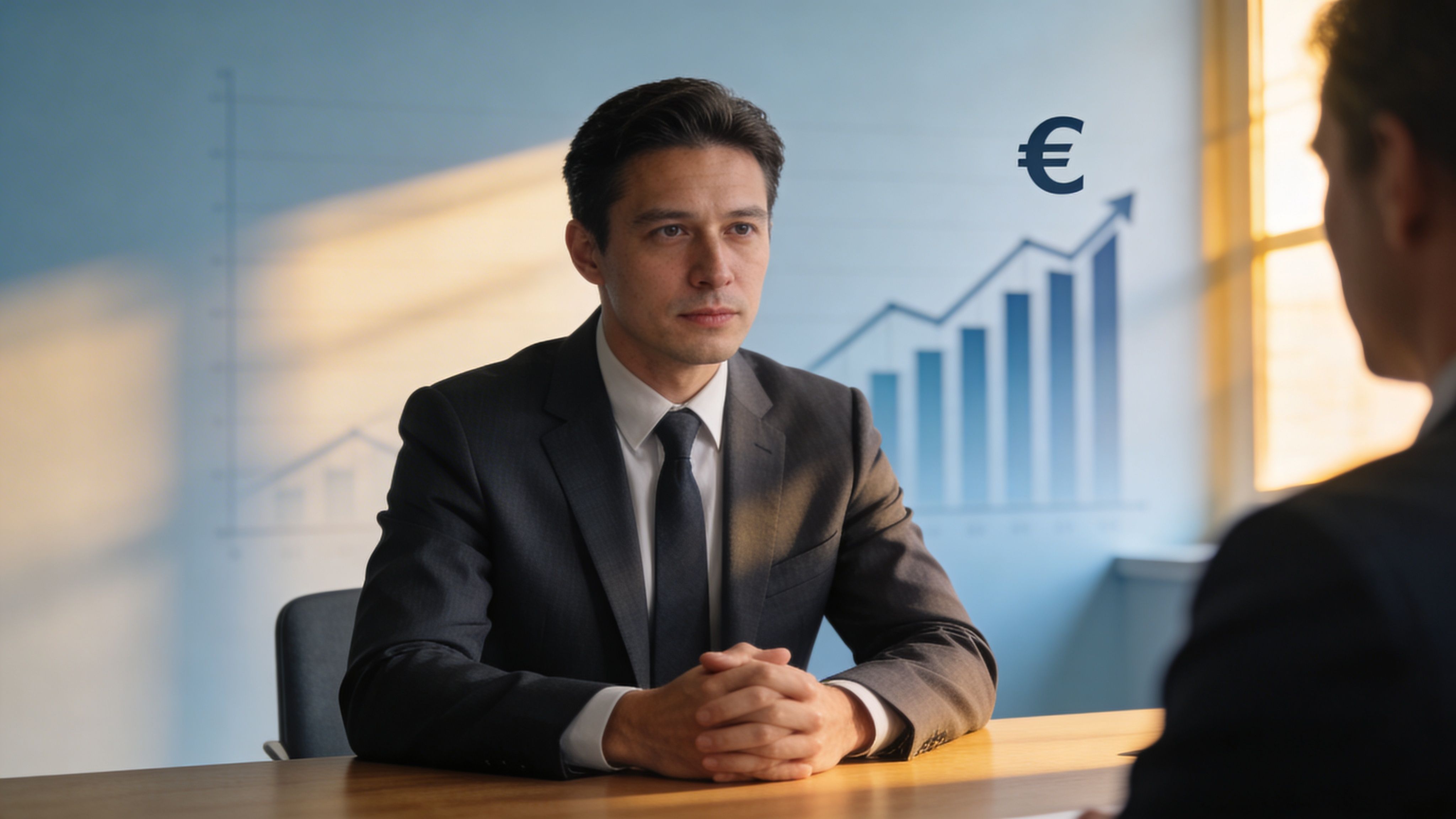 Dos profesionales de negocios sentados a una mesa discutiendo datos financieros frente a un gráfico de barras.