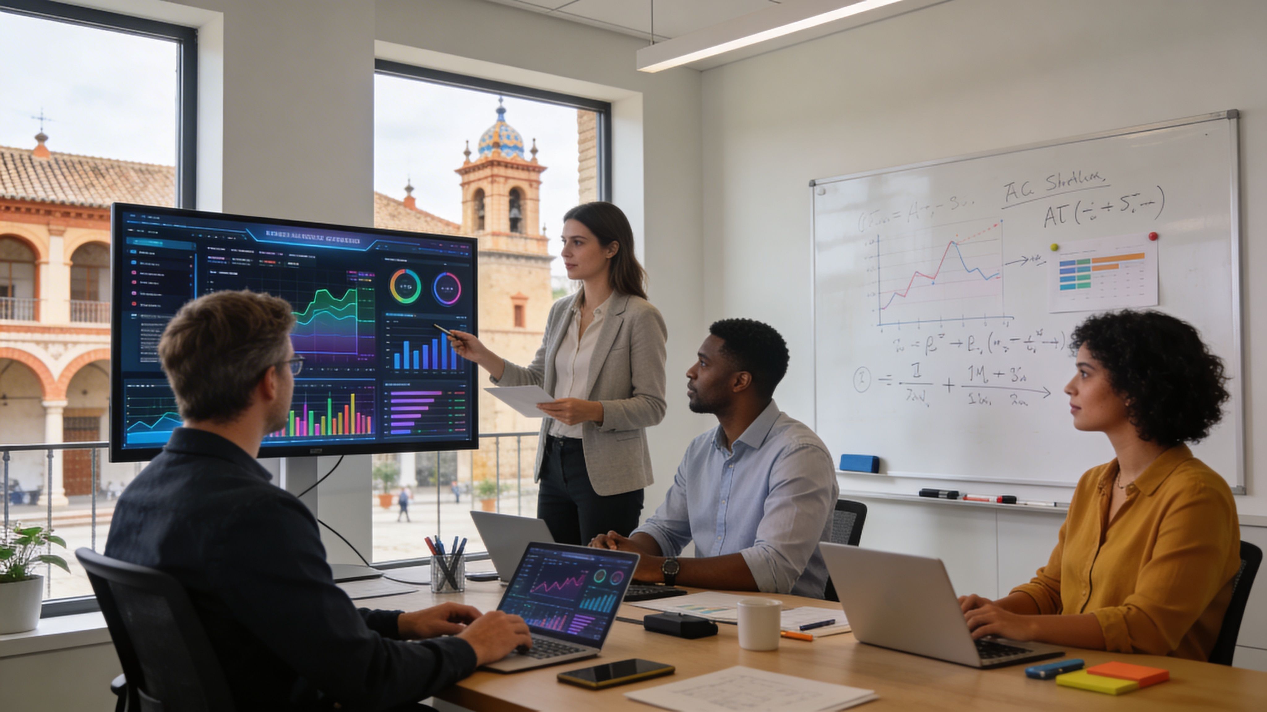 Un equipo profesional de analistas de datos colaborando en una reunión de negocios en una oficina moderna.