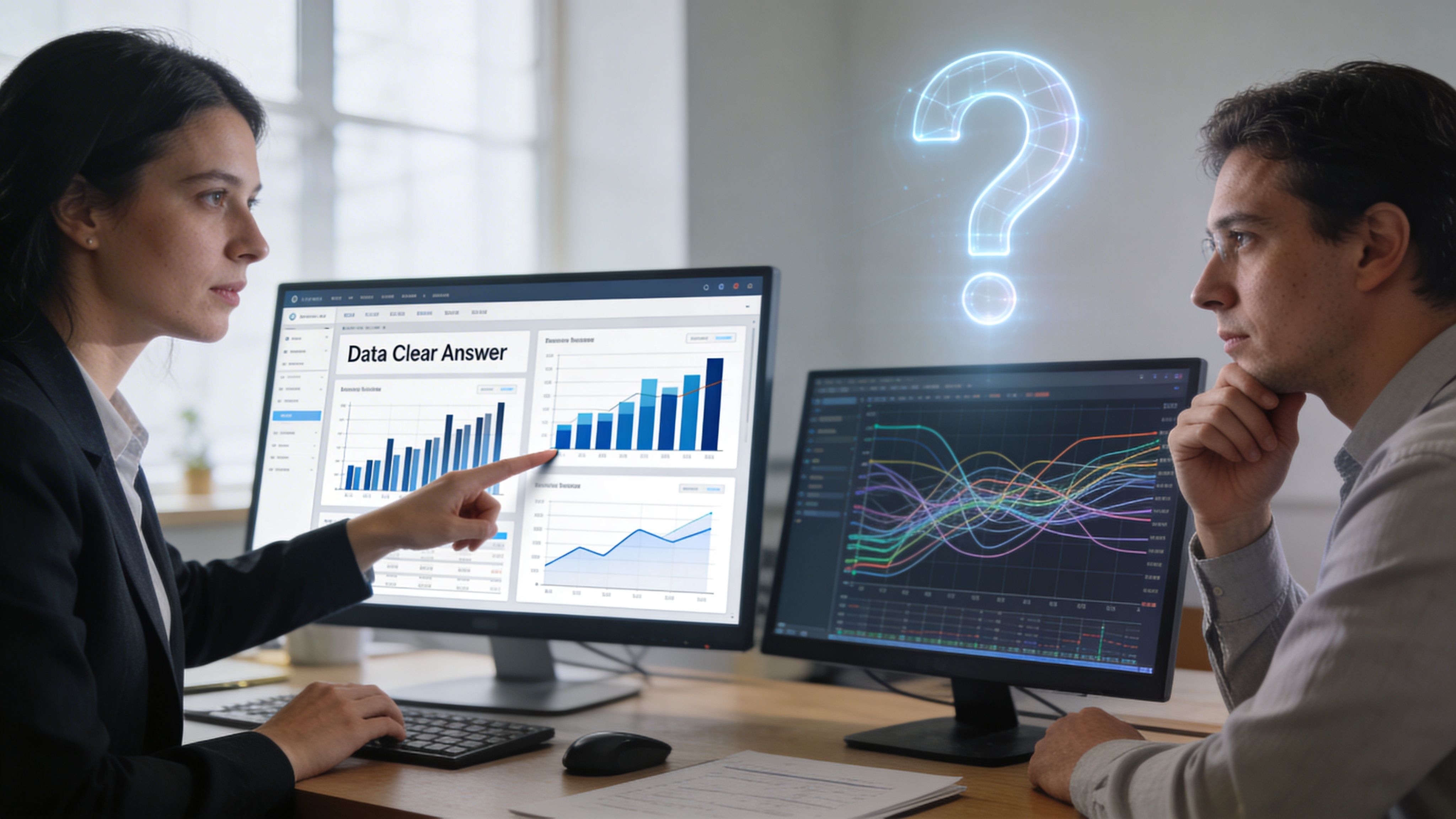 Dos profesionales analizando datos complejos y gráficos en dos monitores de computadora en una oficina moderna.