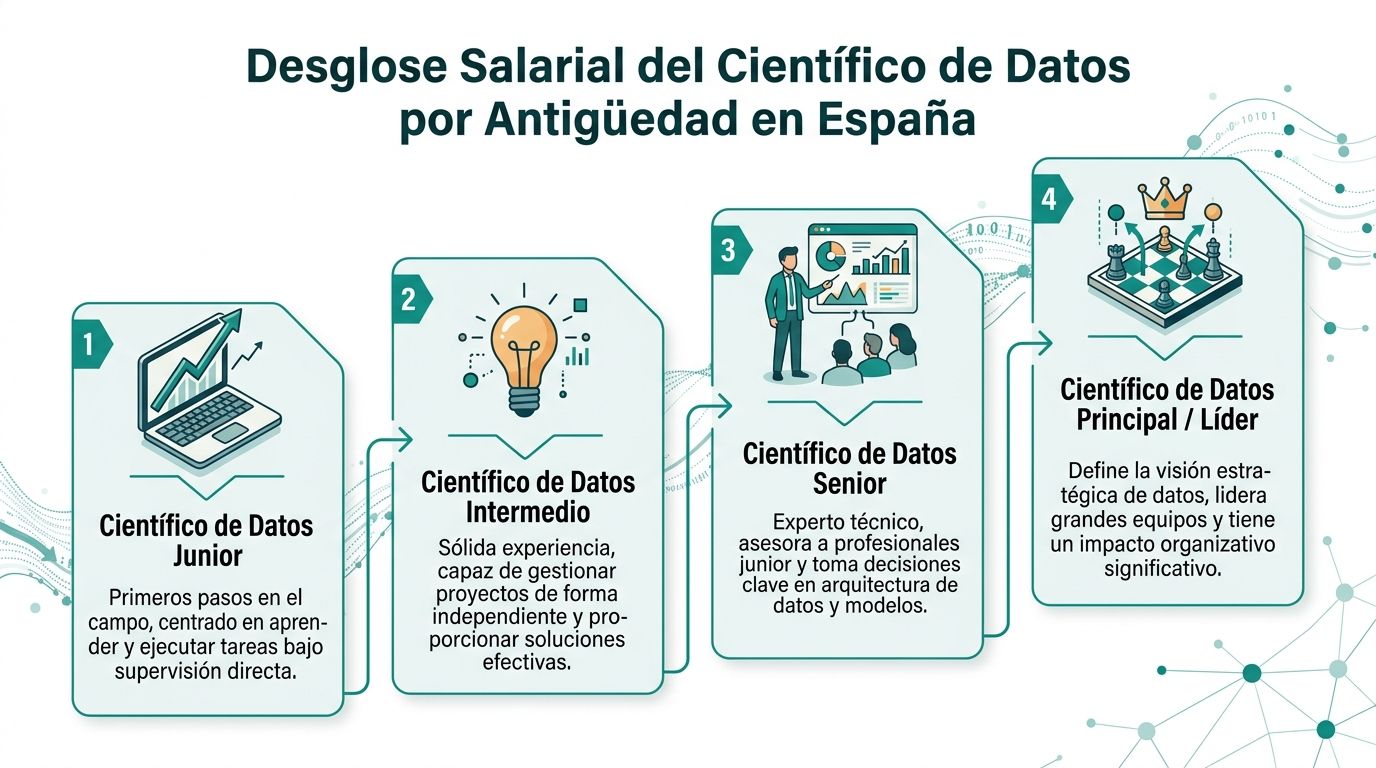 Infografía sobre los niveles de experiencia profesional y responsabilidades de un científico de datos en España.