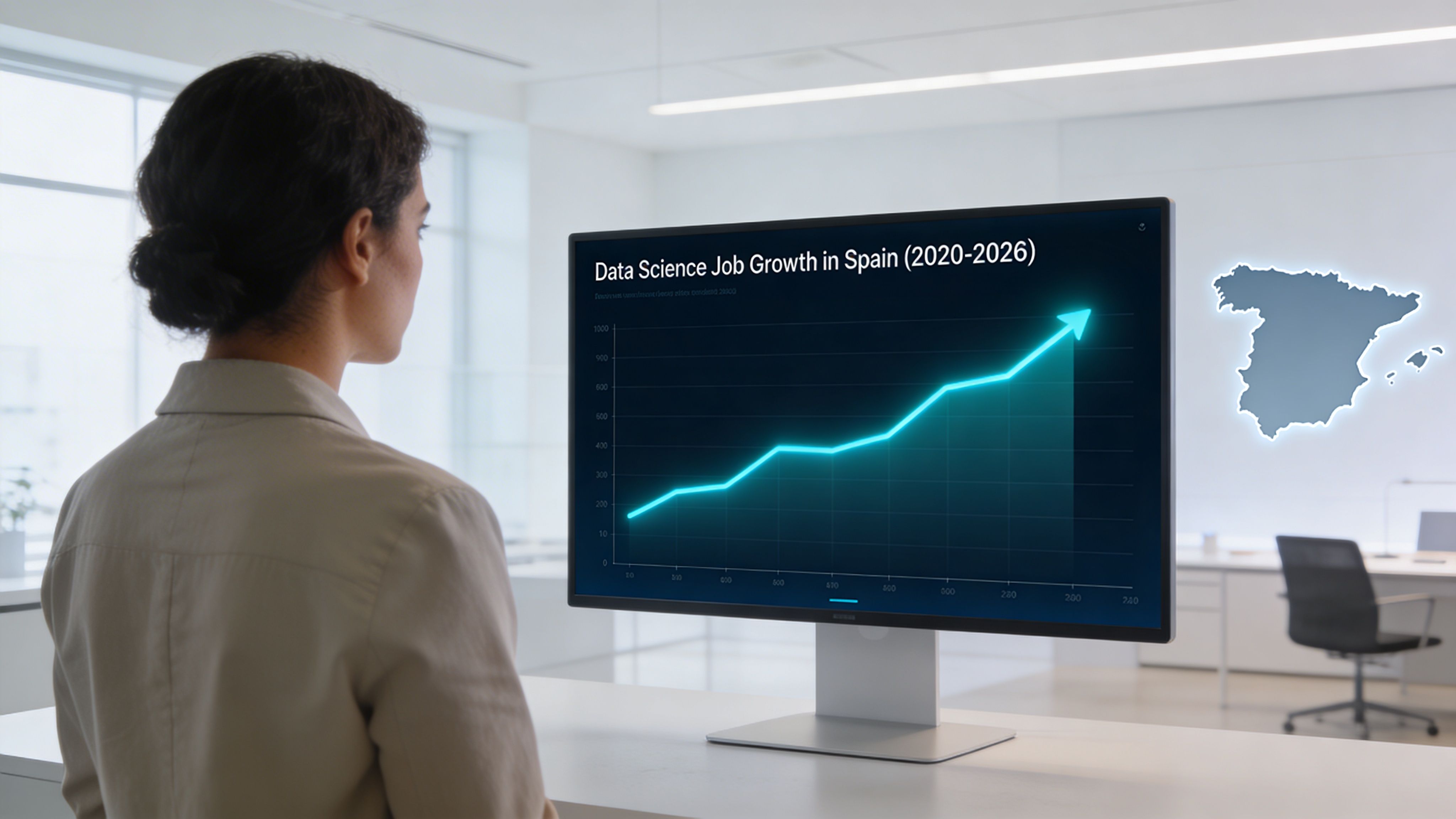Una mujer observa un gráfico luminoso en un monitor que muestra el crecimiento laboral en España.