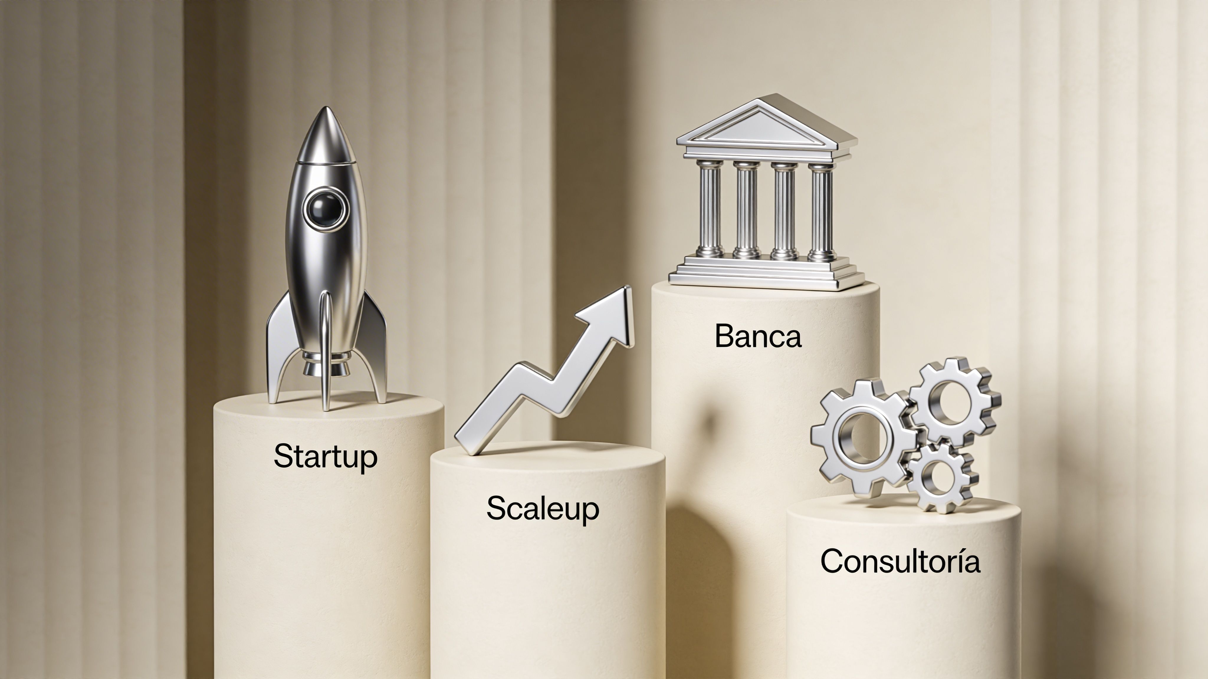 Iconos plateados sobre pedestales representan los sectores startup, scaleup, banca y consultoría para perfiles de datos.