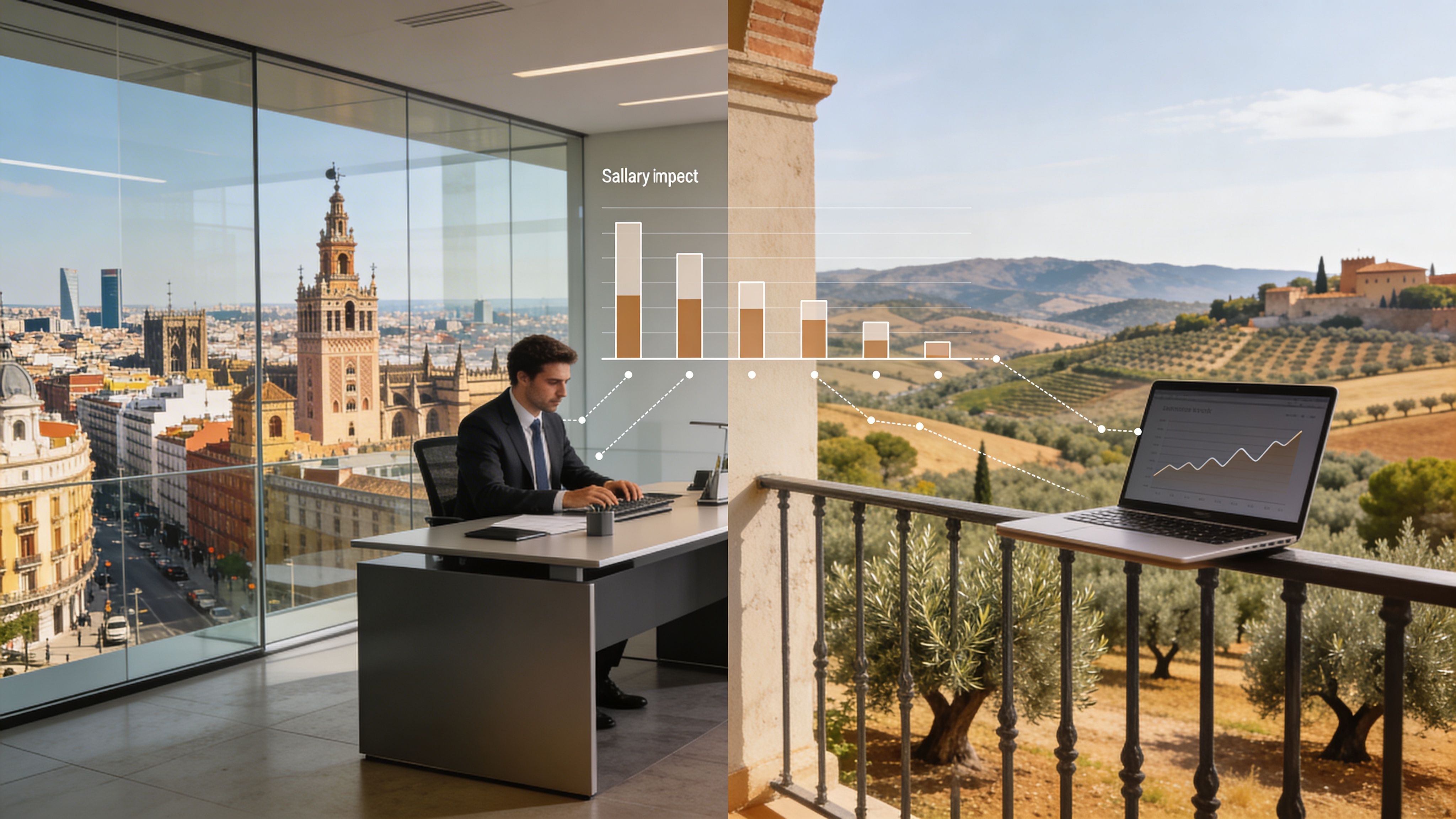 Un profesional trabajando en una oficina moderna con vistas a Sevilla frente a un gráfico de datos.