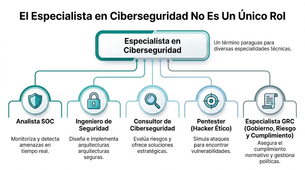 Diagrama que ilustra los diferentes roles de un especialista en ciberseguridad en el mundo profesional.