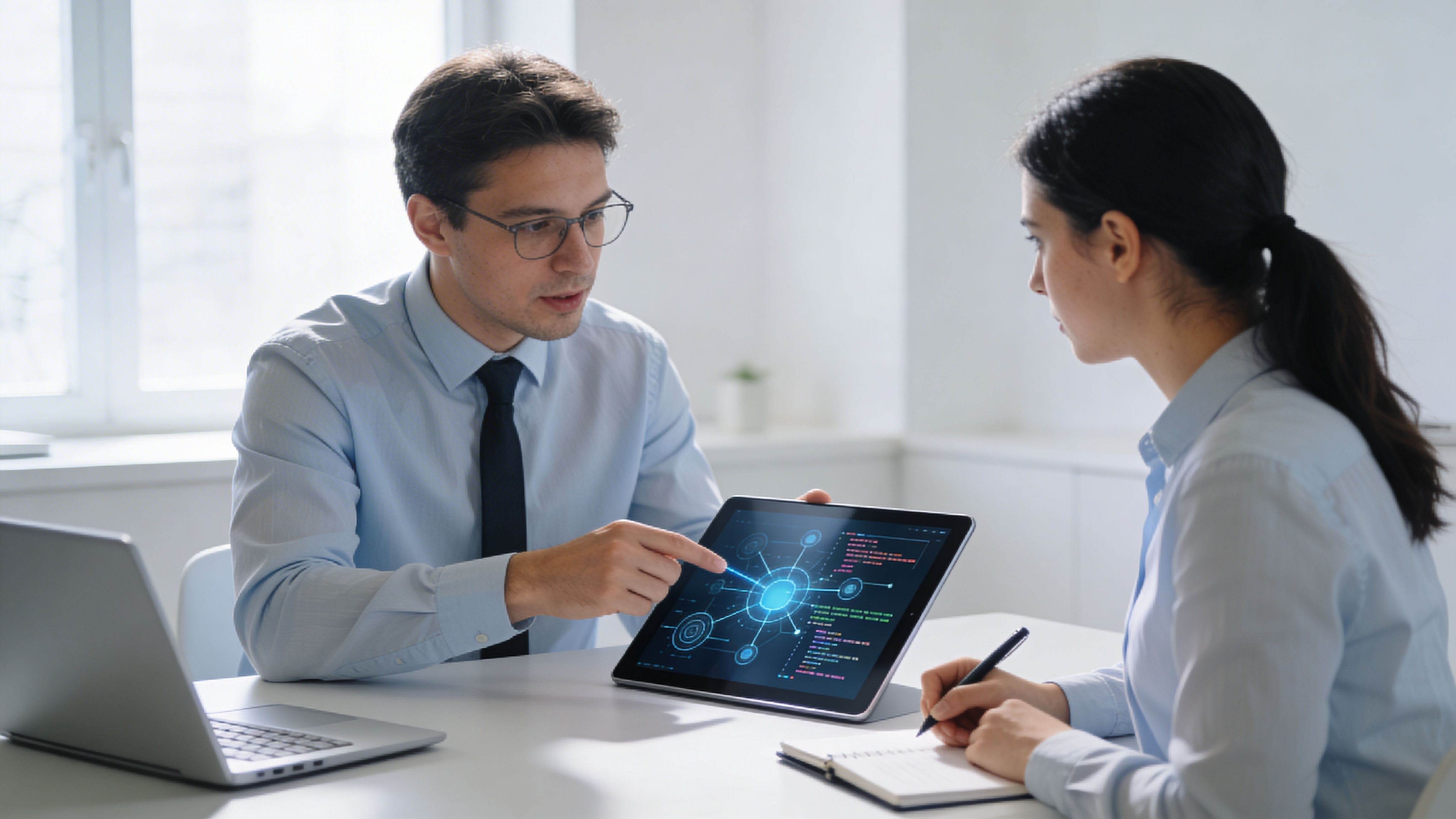 Un profesional en ciberseguridad explicando detalles técnicos sobre una red digital en una tableta a una colega.