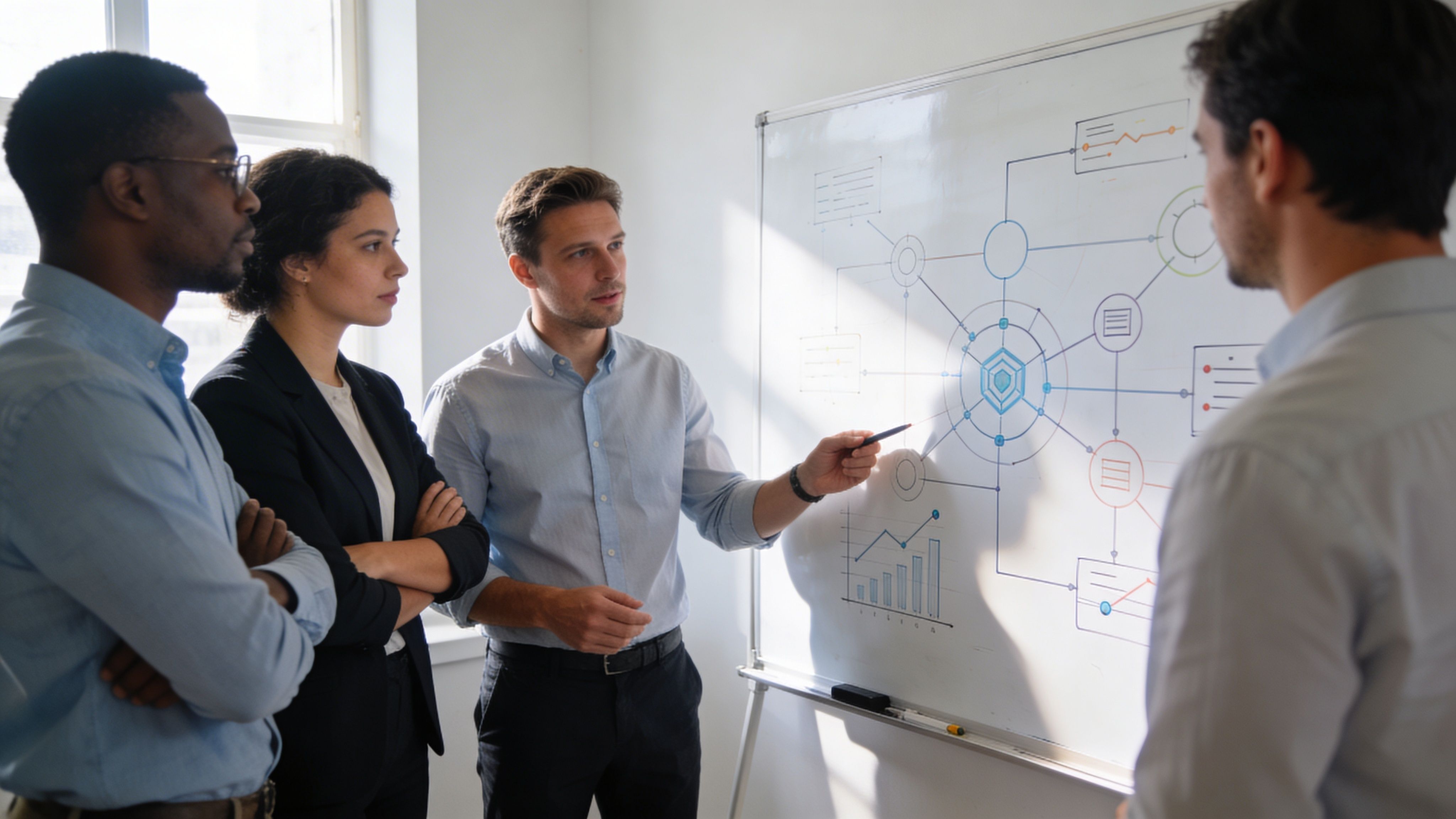Un equipo de profesionales analizando un diagrama técnico de ciberseguridad en una pizarra blanca durante una reunión.